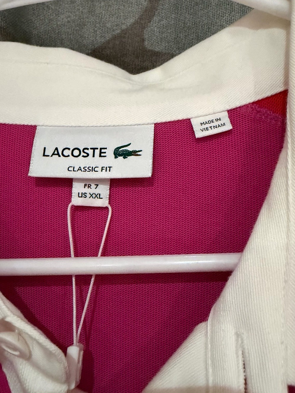 Lacoste Hot Pink Rugby Polo with Red Stripes and White Collar - Picture 4 of 4